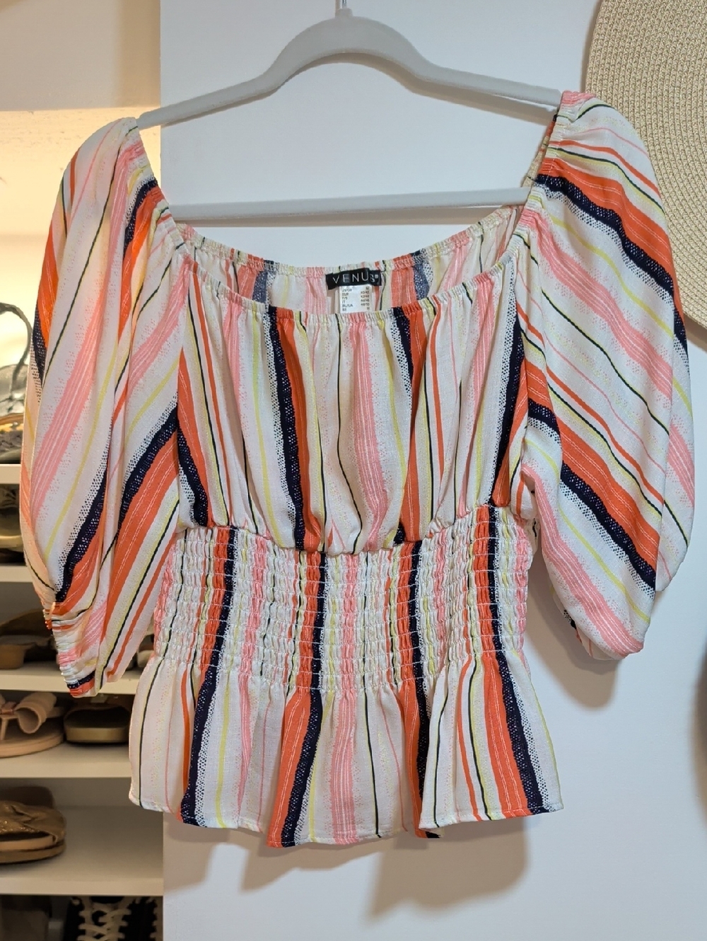 VENUS Striped Off-Shoulder Smocked Waist Top in Pink, Orange & Navy